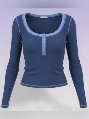Pilcro Anthropologie Ribbed Long Sleeve Top XS NWT $58 Blue Contrast Trim
